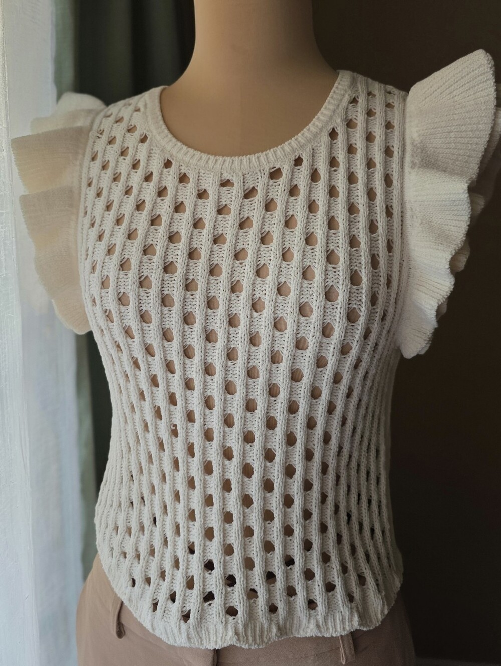Zara Cream Openwork Knit Ruffle Sleeve Sweater Top Small Boho Romantic Statement